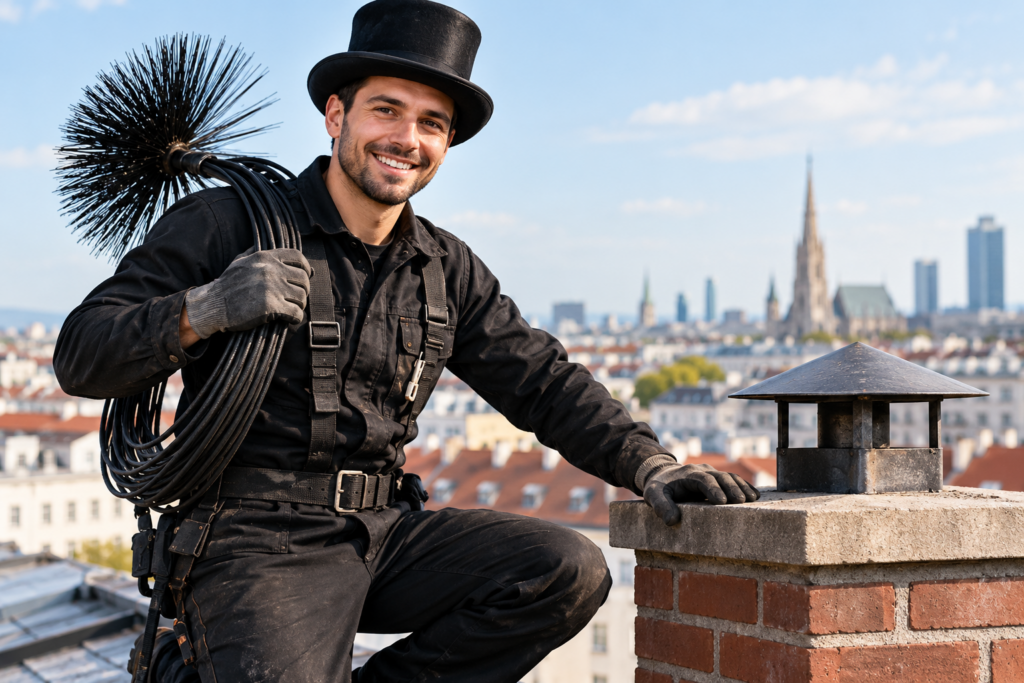 Fröhlicher Kaminkehrer auf dem Stadtdach (KI)